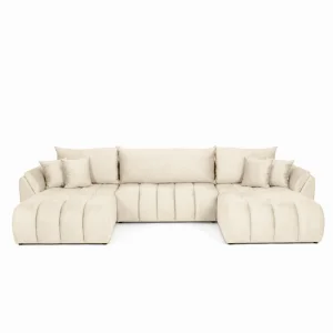 Ecksofa OTI U mit Schlaffunktion und Bettkasten im wasserabweisenden Samtstoff - Monolith 02, Creme Beige