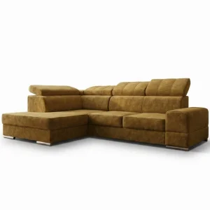 Ecksofa Royal I mit Schlaffunktion und verstellbaren Kopfstützen im exklusiven Samt - Terra 48, Senf 