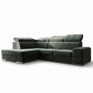 Ecksofa Royal I mit Schlaffunktion und verstellbaren Kopfstützen im exklusiven Samt - Terra 72, Grün