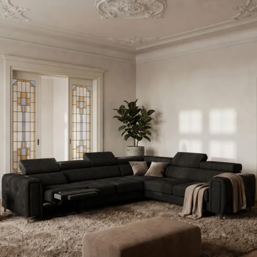 Ecksofa Orion I Relax mit Schlaffunktion und verstellbaren Kopfstützen im Glamour-Stil - Stoff Terra 99, Schwarz.jpg