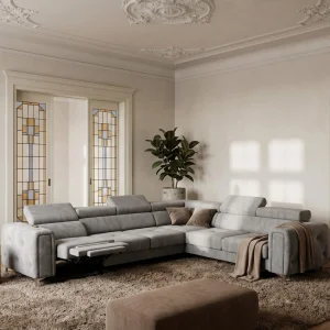 Ecksofa Orion I Relax mit Schlaffunktion und verstellbaren Kopfstützen im Glamour-Stil - Stoff Terra 88, Grau