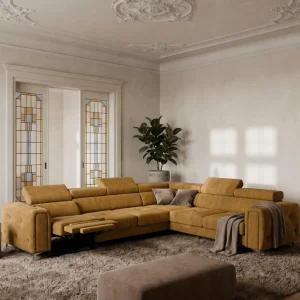 Ecksofa Orion I Relax mit Schlaffunktion und verstellbaren Kopfstützen im Glamour-Stil - Stoff Terra 48, Senf