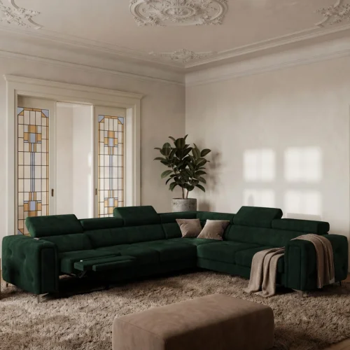 Ecksofa Orion I Relax mit Schlaffunktion und verstellbaren Kopfstützen im Glamour-Stil - Stoff Terra 39, Dunkelgrün.jpg