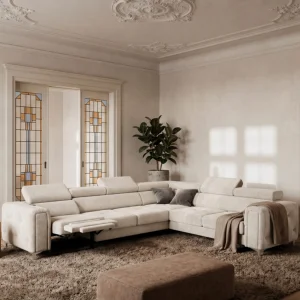 Ecksofa Orion I Relax mit Schlaffunktion und verstellbaren Kopfstützen im Glamour-Stil - Stoff Moly 02, Creme