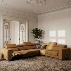 Ecksofa Orion I Relax mit Schlaffunktion und verstellbaren Kopfstützen im Glamour-Stil - Stoff Moly 51, Senf