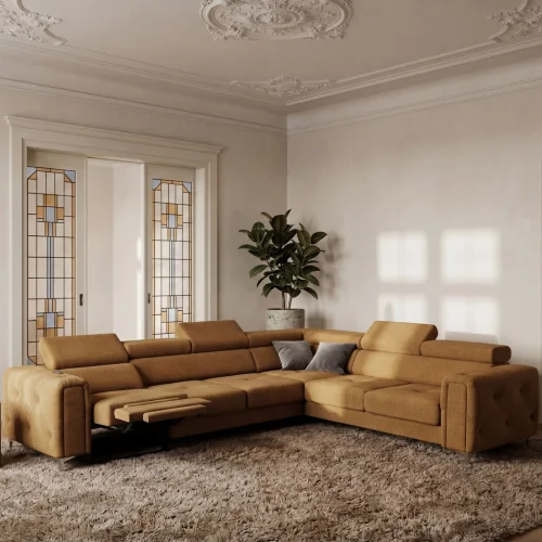 Ecksofa Orion I Relax mit Schlaffunktion und verstellbaren Kopfstützen im Glamour-Stil - Stoff Moly 51, Senf.jpg