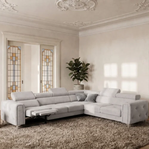 Ecksofa Orion I Relax mit Schlaffunktion und verstellbaren Kopfstützen im Glamour-Stil - Stoff Moly 70, Hellgrau.jpg