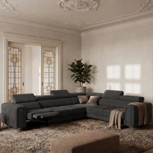 Ecksofa Orion I Relax mit Schlaffunktion und verstellbaren Kopfstützen im Glamour-Stil - Stoff Moly 97, Dunkelgrau