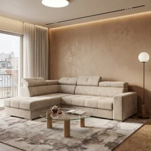 Ecksofa Margo I mit Schlaffunktion und verstellbaren Kopfstützen im Samt Terra 13 - Beige