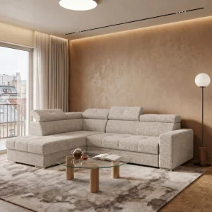 Ecksofa Margo I mit Schlaffunktion und verstellbaren Kopfstützen im Strukturstoff Sorella 13 - Beige