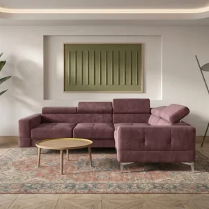 Ecksofa Toscania 250x180 cm mit Schlaffunktion und verstellbaren Kopfstützen auf hohen Beinen im Samt Terra 63 - Altrosa