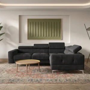 Ecksofa Toscania 250x180 cm mit Schlaffunktion und verstellbaren Kopfstützen auf hohen Beinen im Samt Terra 96 - Dunkelgrau