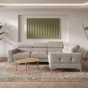 Ecksofa Toscania 250x180 cm mit Schlaffunktion und verstellbaren Kopfstützen auf hohen Beinen, Stoff Aragon 03 - Beige