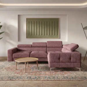 Ecksofa Toscania 250x180 cm mit Schlaffunktion und verstellbaren Kopfstützen auf hohen Beinen, Stoff Aragon 69 - Altrosa