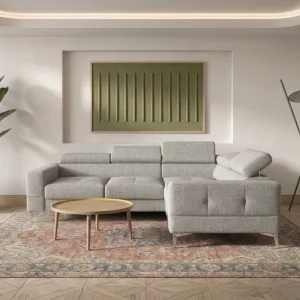 Ecksofa Toscania 250x180 cm mit Schlaffunktion und verstellbaren Kopfstützen auf hohen Beinen, Stoff Aragon 80 - Hellgrau