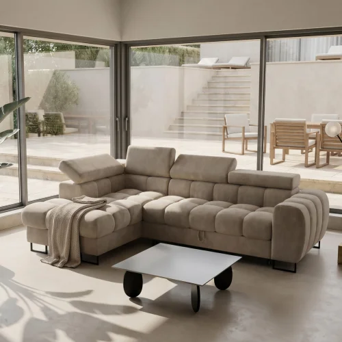 Ecksofa Aspen Mini mit Schlaffunktion– 260x170 cm - Terra Stoff - verstellbare Kopfstützen - Bettkasten - Liegefläche 117x190 cm, Beige (Terra 13)