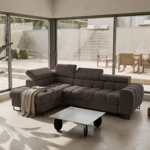 Ecksofa 260x170 cm Aspen Mini mit Schlaffunktion, verstellbare Kopfstützen und Bettkasten - Liegefläche 117x190 cm, Braun (Terra 26)