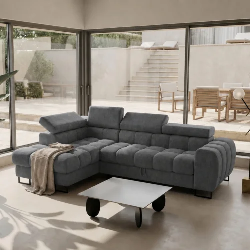 Ecksofa 260x170 cm Aspen Mini mit Schlaffunktion, verstellbare Kopfstützen und Bettkasten - Liegefläche 117x190 cm, Grau (Terra 92).jpg