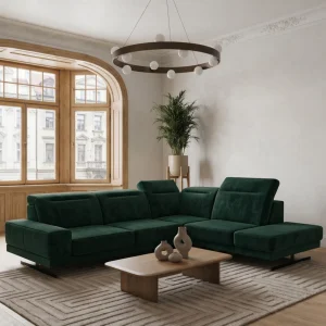Ecksofa Fiore 265 × 220 cm mit verstellbaren Kopfstützen und T35-Schaum – Stoff Terra 39, Dunkelgrün 