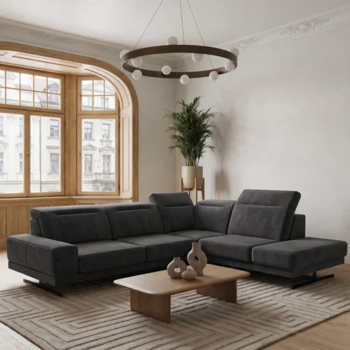 Ecksofa Fiore 265 × 220 cm mit verstellbaren Kopfstützen und T35-Schaum – Stoff Terra 96, Dunkelgrau.jpg