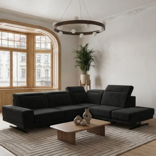 Ecksofa Fiore 265 × 220 cm mit verstellbaren Kopfstützen und T35-Schaum – Stoff Terra 99, Schwarz.jpg