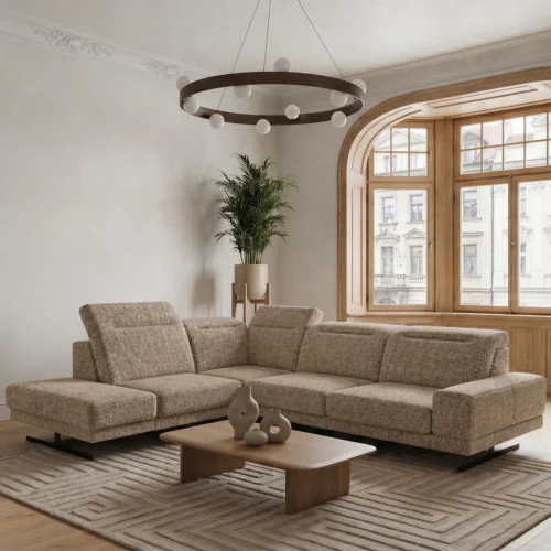 Ecksofa Fiore 265 × 220 cm mit verstellbaren Kopfstützen und T35-Schaum – Stoff Aragon 14, Beige - Links.jpg