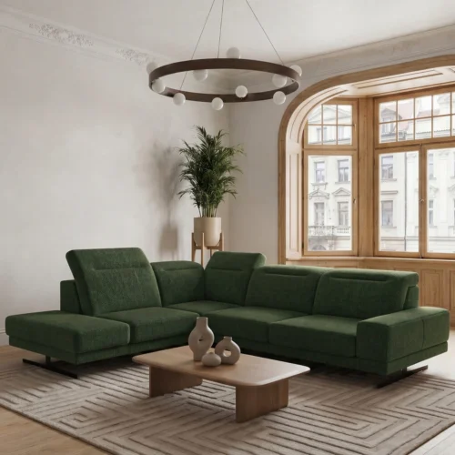 Ecksofa Fiore 265 × 220 cm mit verstellbaren Kopfstützen und T35-Schaum – Stoff Aragon 39, Dunkelgrün - Links.jpg