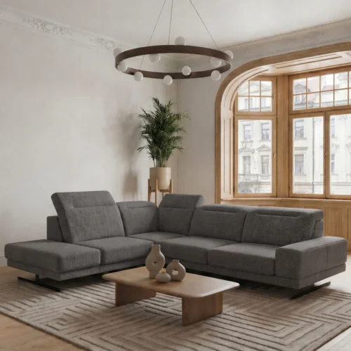 Ecksofa Fiore 265 × 220 cm mit verstellbaren Kopfstützen und T35-Schaum – Stoff Aragon 97, Dunkelgrau - Links