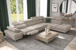 Ecksofa GALAXY RELAX mit Schlaffunktion, Bettkasten, 225×350 cm, Stoff Terra Relaxfunktion, verstellbaren Kopfstützen & Armlehne, Beige - Terra 13