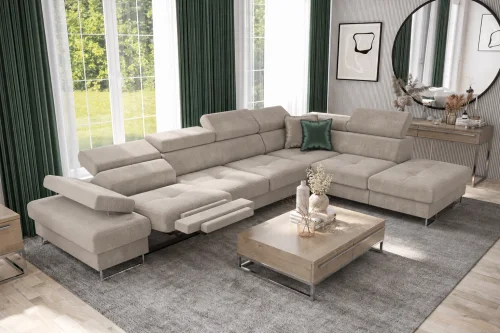 Ecksofa GALAXY RELAX mit Schlaffunktion, Bettkasten, 225×350 cm, Stoff Terra Relaxfunktion, verstellbaren Kopfstützen & Armlehne, Beige - Terra 13