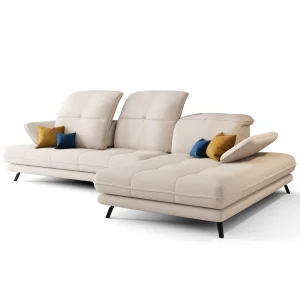 Ecksofa Verde mit verstellbarer Sitztiefe und Kopfteilen im Stoff Aragon 03 - Creme