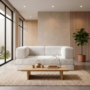 2-Sitzer Sofa Edi mit Schlaffunktion 200x200 cm, mit modernem Metallrahmen – haustierfreundlicher Poso-Stoff 100, Creme