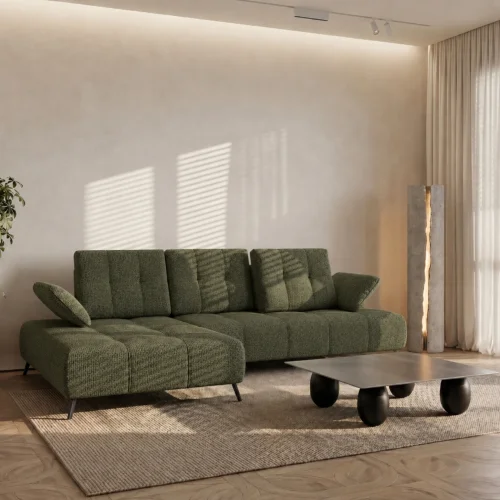 Ecksofa Dante 280x180 cm mit verstellbarer Sitztiefe, moderne Metallbeine - hydrophober Aragon 39, Dunkelgrün - Links.jpg