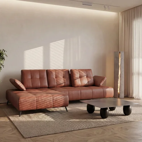 Ecksofa Echtleder 280x180 cm mit verstellbarer Sitztiefe, moderne Metallbeine – luxuriöses Madras-Leder - K31 Warmes Braun / Cognac - LINKS