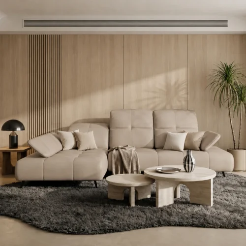 Ecksofa Bergamo Echtleder 280x180 cm mit verstellbarer Sitztiefe, verstellbare Kopfstützen moderne Metallbeine - luxuriöses Madras - K11 Beige - Links (1).jpg