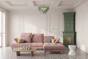 Ecksofa Verde mit verstellbarer Sitztiefe und Kopfteilen im Stoff Aragon 62 - Altrosa