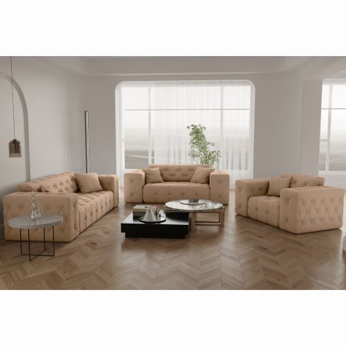Möbelset MODEST Sofa 3-Sitzer, 2-Sitzer, Sessel, gesteppt - Beige
