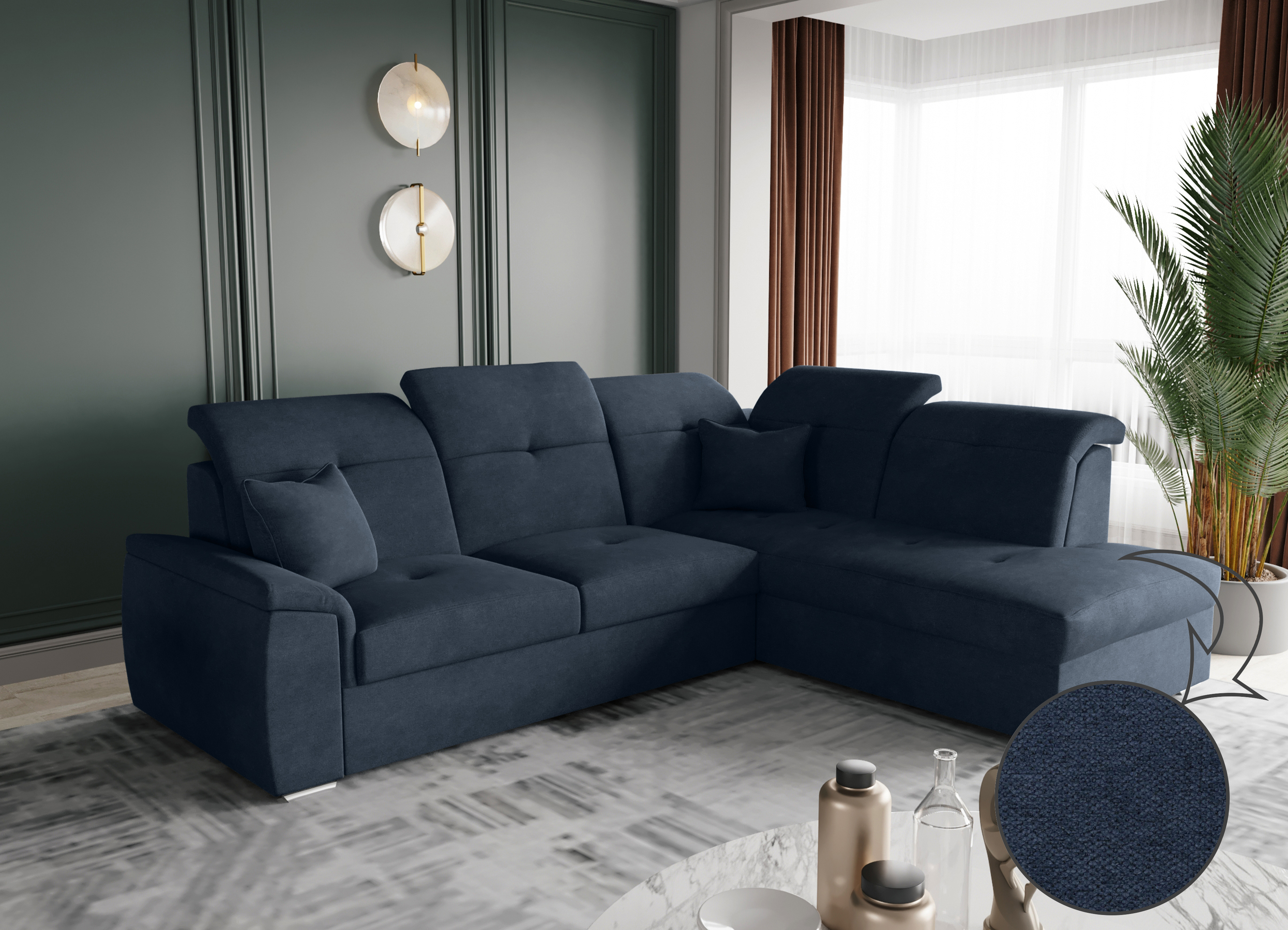 Bono L Ecksofa dunkelblau Schlaffunktion und Bettkasten